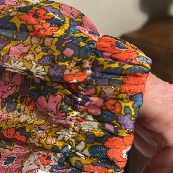 Orange and Brown Ruffled Blouse with Scoop Neck and Long Elasticized Sleeves - Picture 5 of 5